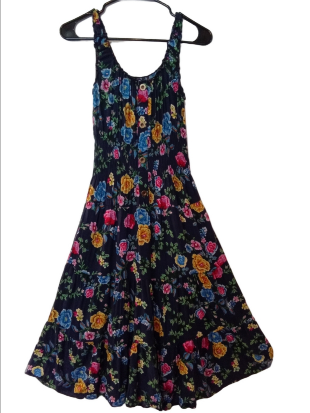 Lapis Navy Floral Tiered Sundress with Pink Yellow and Blue Blooms - Picture 2 of 8